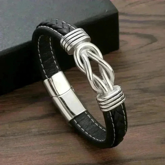 Other - Mens Black Leather Braided Stainless Steel Bracelet